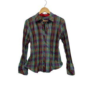 Beluva San Francisco Shirt Size Medium Plaid Button Up Long Sleeve Purple Green